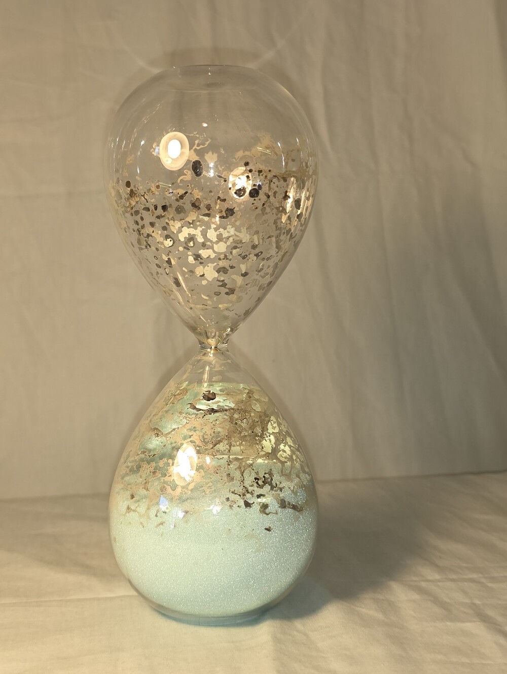 Contemporary Mercury Glass Hourglass Silver Splatter Turquoise Sand Timer 8"